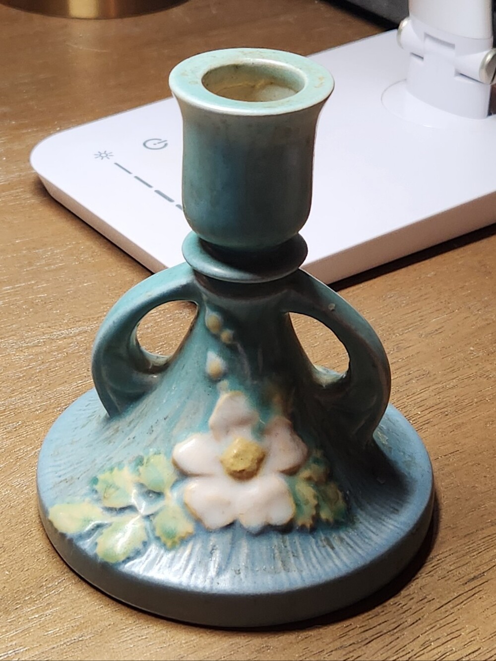 Roseville Pottery Floral Patterned Blue Candle Holder